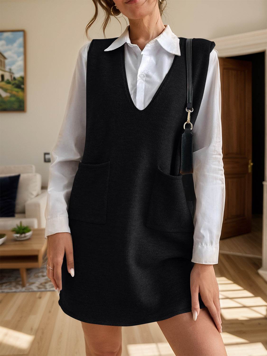 V-Neck Sleeveless Sweater Dress with Pockets - Delanoir