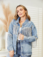 Fringe Detail Long Sleeve Denim Jacket - Delanoir