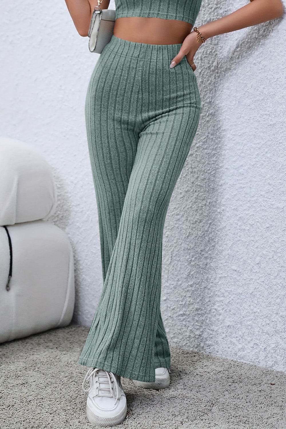 Basic Bae Full Size Ribbed High Waist Flare Pants - Delanoir