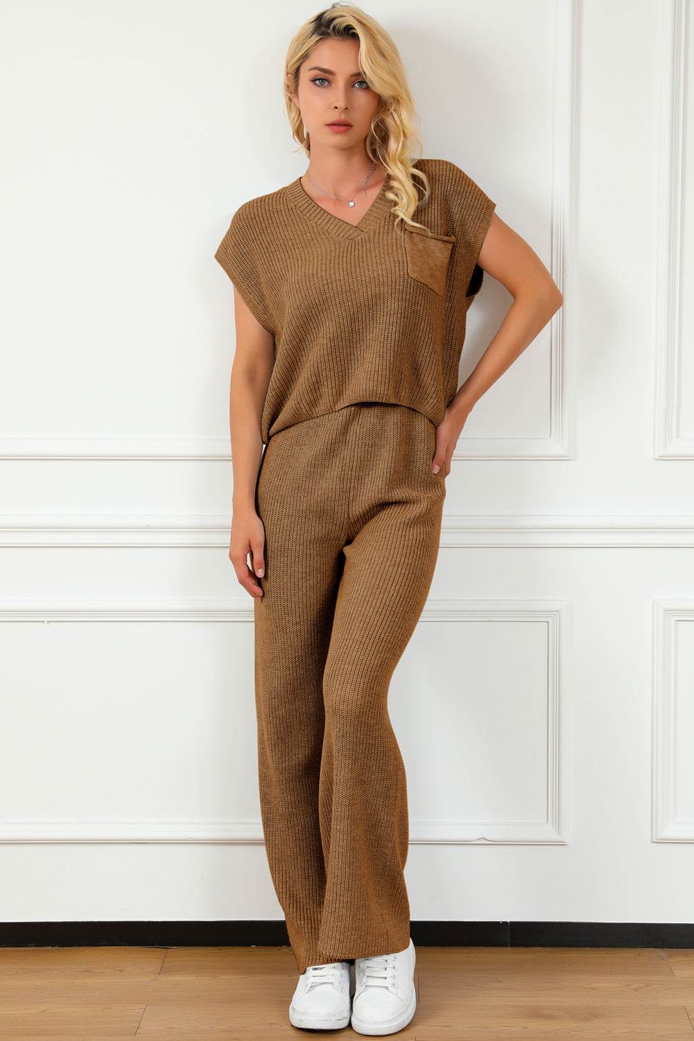 Pocketed V-Neck Top and Wide Leg Sweater Set - Delanoir