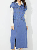 Slit Half Button Collared Neck Cap Sleeve Denim Dress - Delanoir