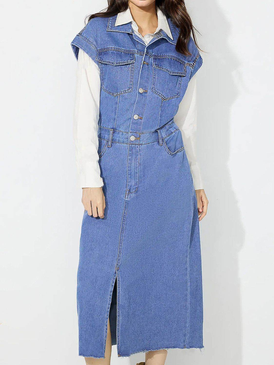 Slit Half Button Collared Neck Cap Sleeve Denim Dress - Delanoir