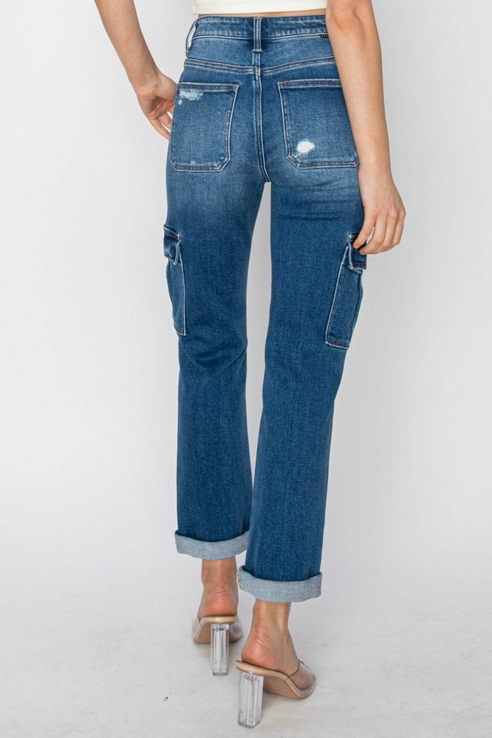 RISEN Full Size High Rise Cargo Ankle Roll Up Straight Jeans - Delanoir