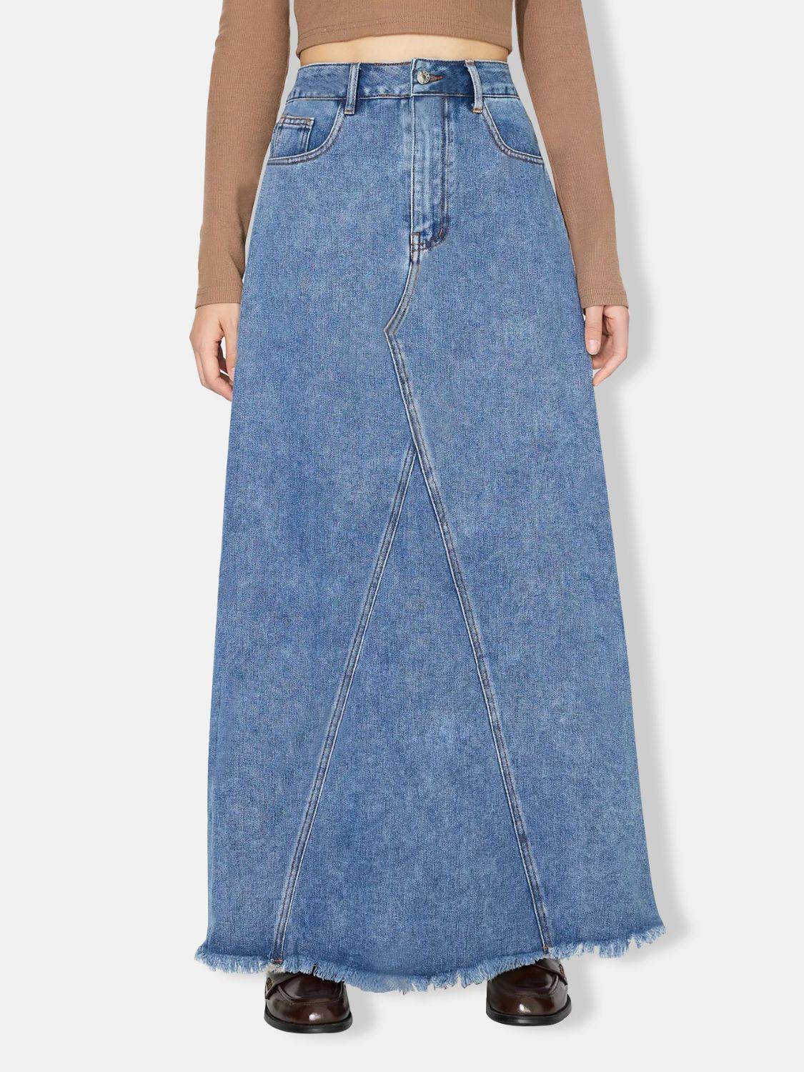 Raw Hem Maxi Denim Skirt - Delanoir