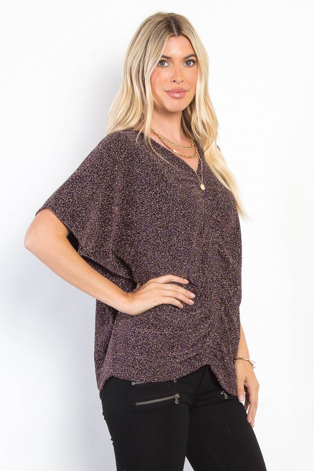 Be Stage Full Size Lurex Center Elastic Cinched Knit Top - Delanoir