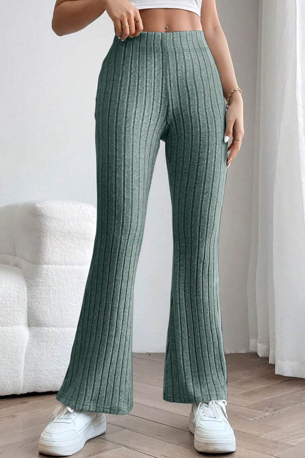 Basic Bae Full Size Ribbed High Waist Flare Pants - Delanoir