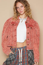 POL Raw Hem Button Up Cropped Denim Jacket - Delanoir