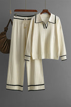 Contrast Trim Johnny Collar Top and Drawstring Pants Sweater Set - Delanoir