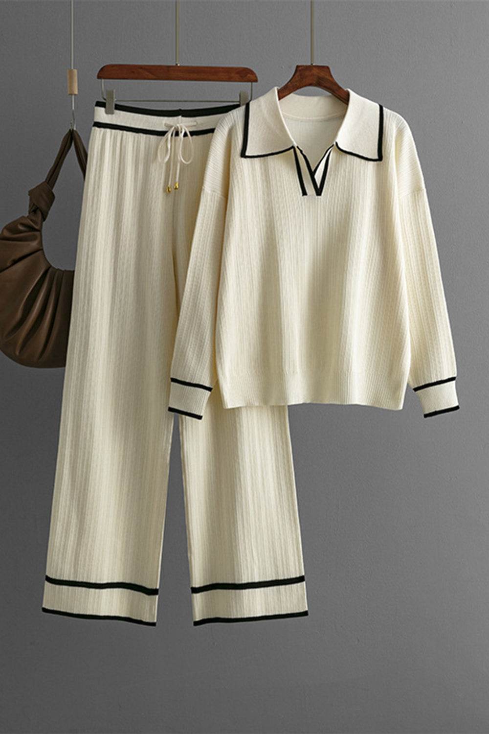Contrast Trim Johnny Collar Top and Drawstring Pants Sweater Set - Delanoir