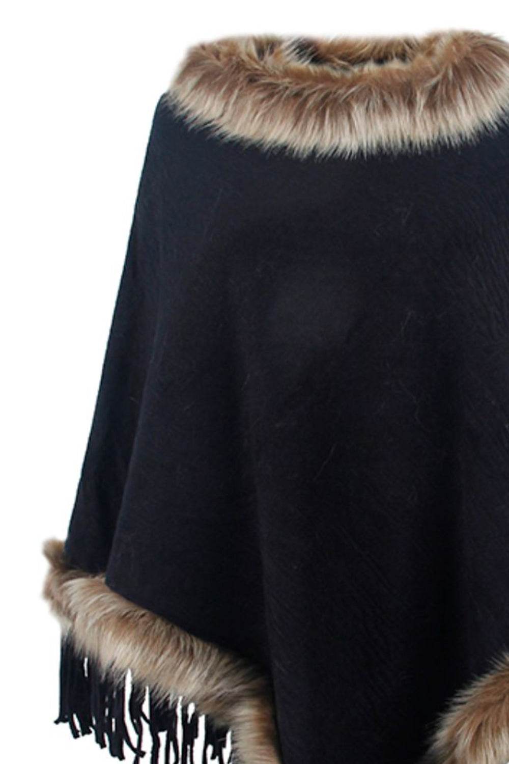 Faux Fur Trim Fringed Poncho - Delanoir