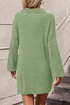 Collared Neck Long Sleeve Sweater Dress with Pockets - Delanoir