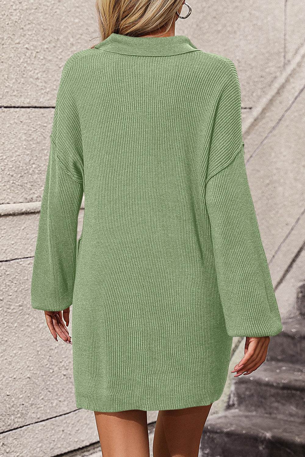 Collared Neck Long Sleeve Sweater Dress with Pockets - Delanoir