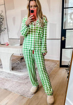 Plaid Collared Neck Long Sleeve Top and Pants Set - Delanoir