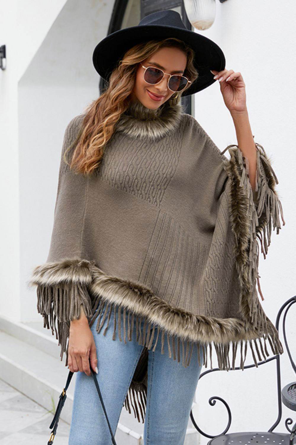 Faux Fur Trim Fringed Poncho - Delanoir