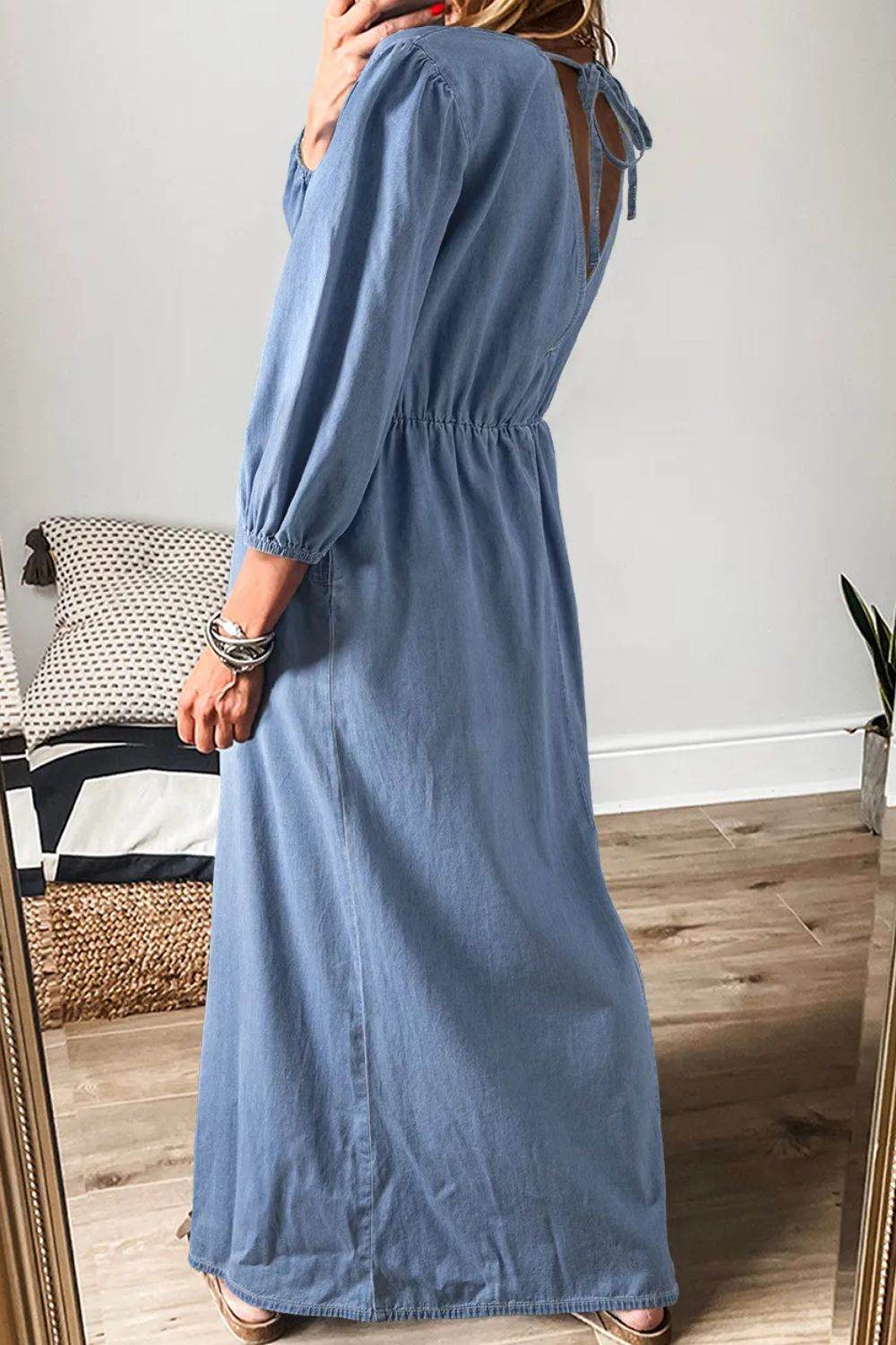 Tied Plunge Three-Quarter Sleeve Denim Dress - Delanoir