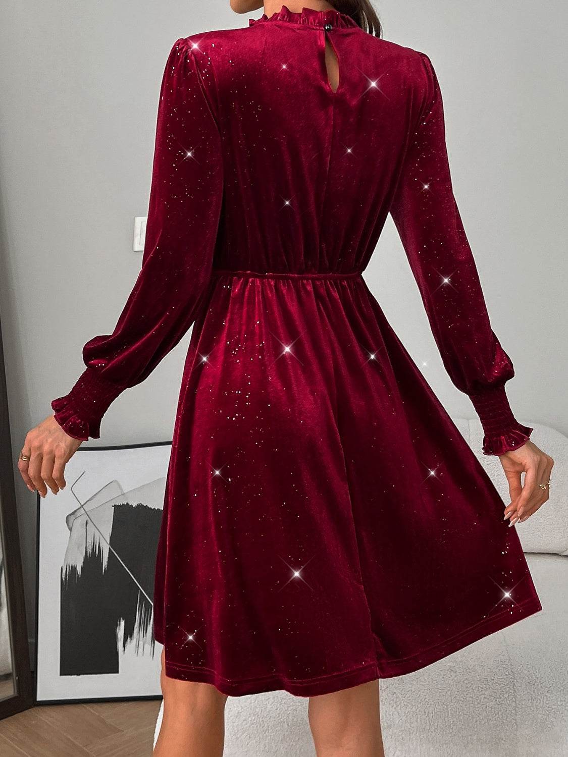 Glitter Mock Neck Long Sleeve Mini Dress - Delanoir