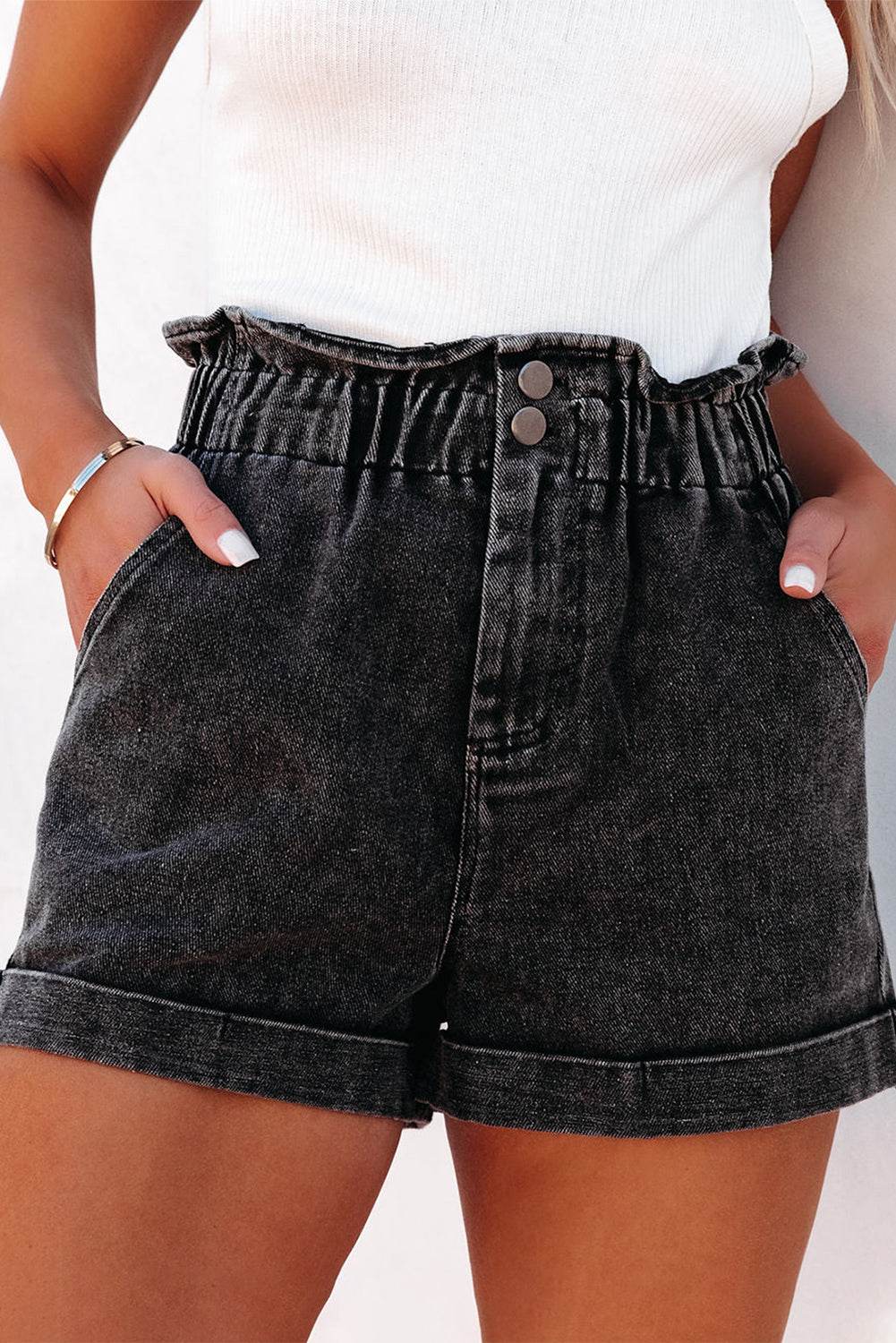Paperbag Waist Denim Shorts with Pockets - Delanoir