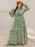 Plus Size Printed Notched Long Sleeve Maxi Dress - Delanoir
