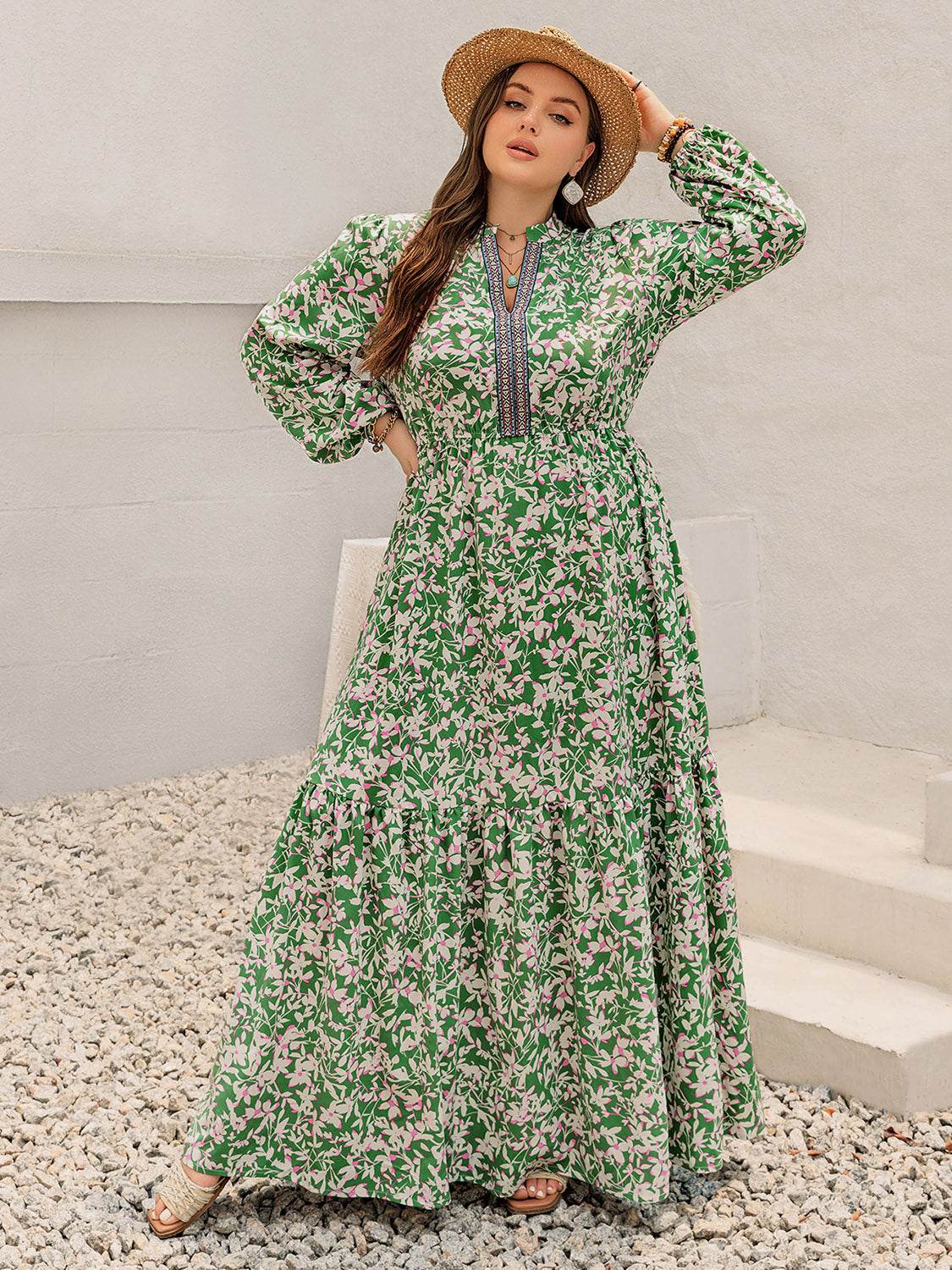Plus Size Printed Notched Long Sleeve Maxi Dress - Delanoir