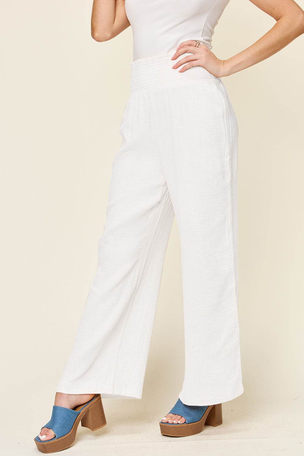 Double Take Full Size Texture Smocked Waist Wide Leg Pants - Delanoir