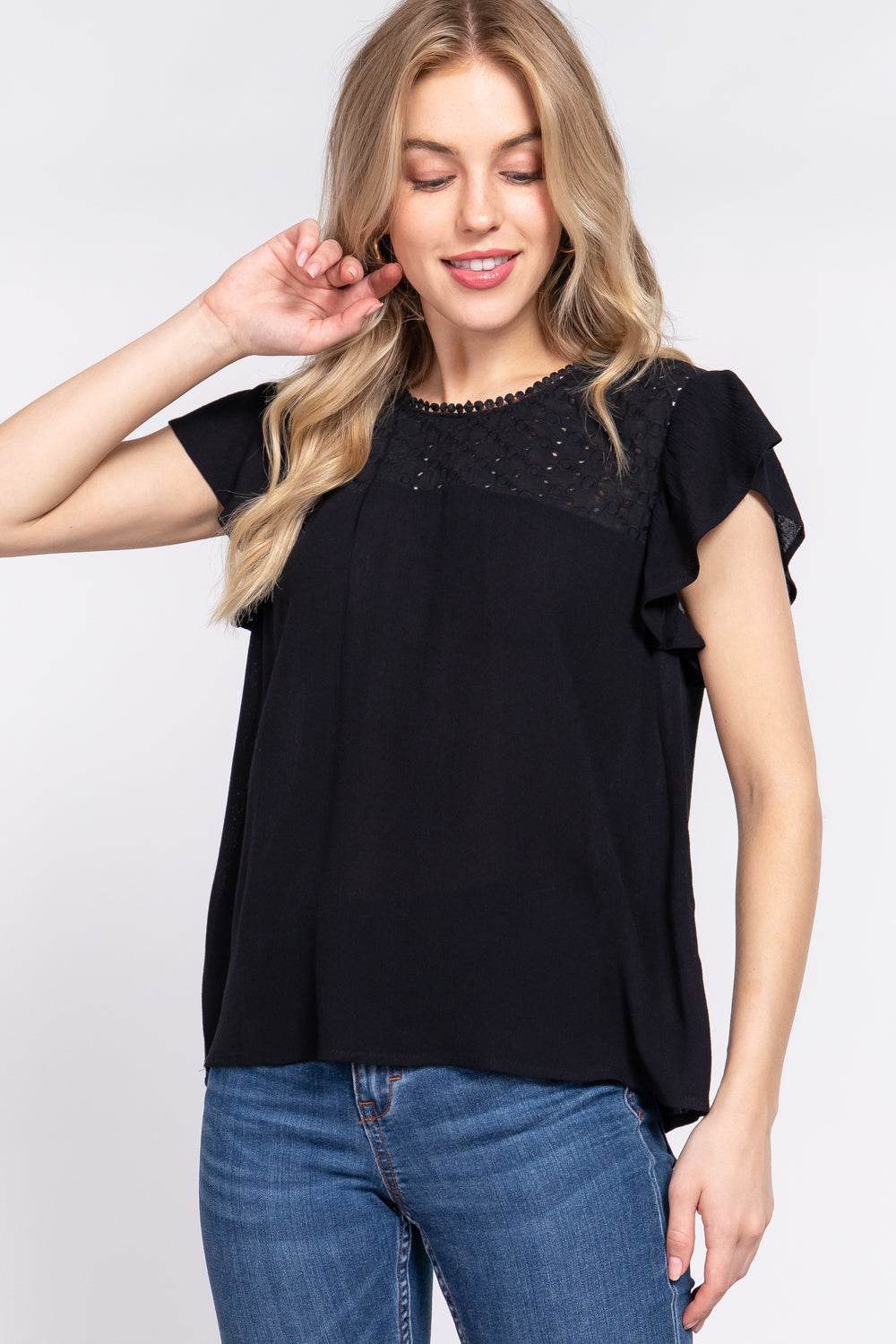 ACTIVE BASIC Ruffle Short Sleeve Crochet Blouse - Delanoir