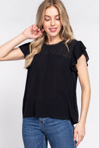 ACTIVE BASIC Ruffle Short Sleeve Crochet Blouse - Delanoir