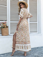Drawstring Printed Plunge Half Sleeve Dress - Delanoir