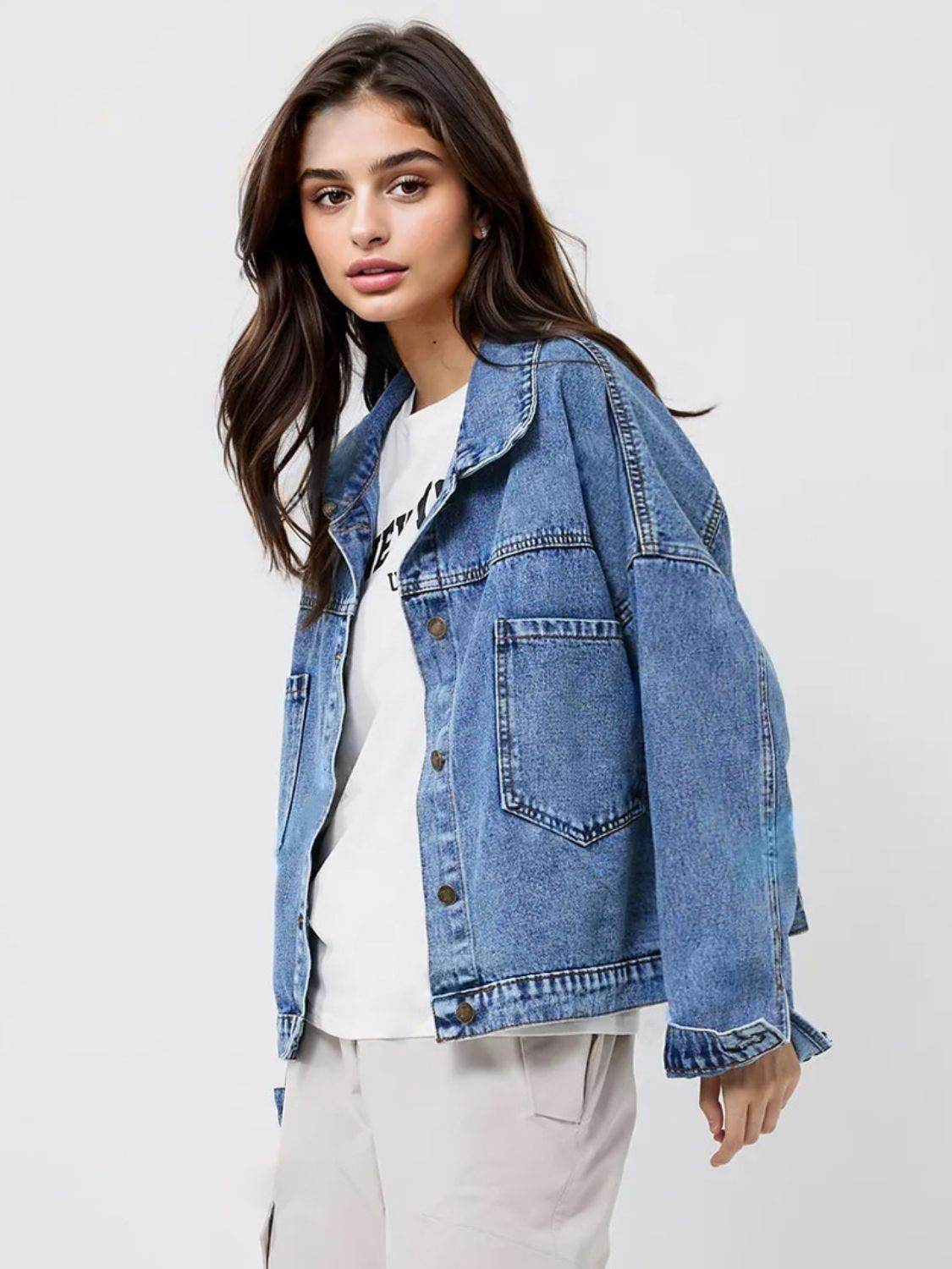 Pocketed Button Up Long Sleeve Denim Top - Delanoir