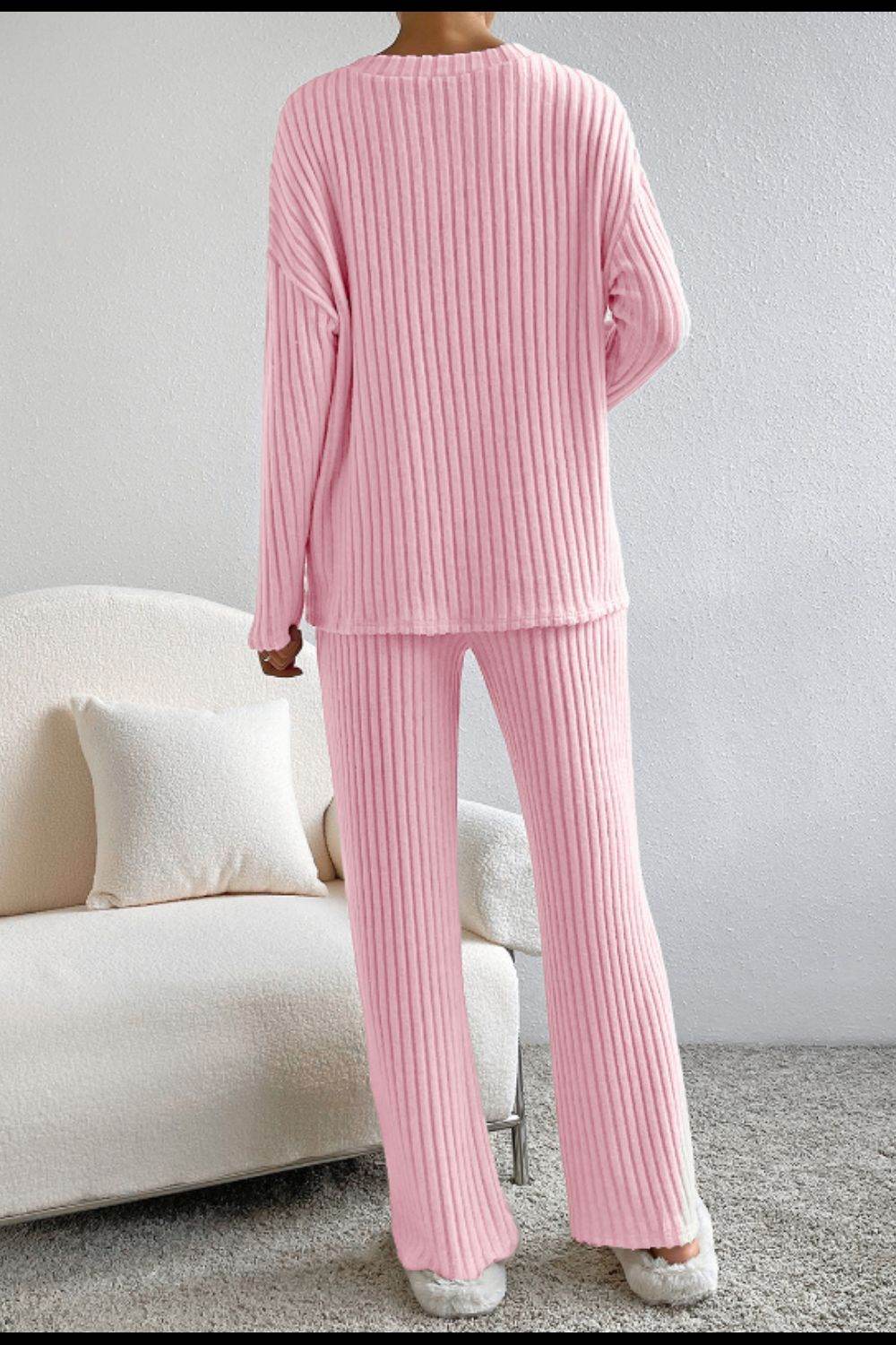 Ribbed V-Neck Top and Pants Lounge Set - Delanoir