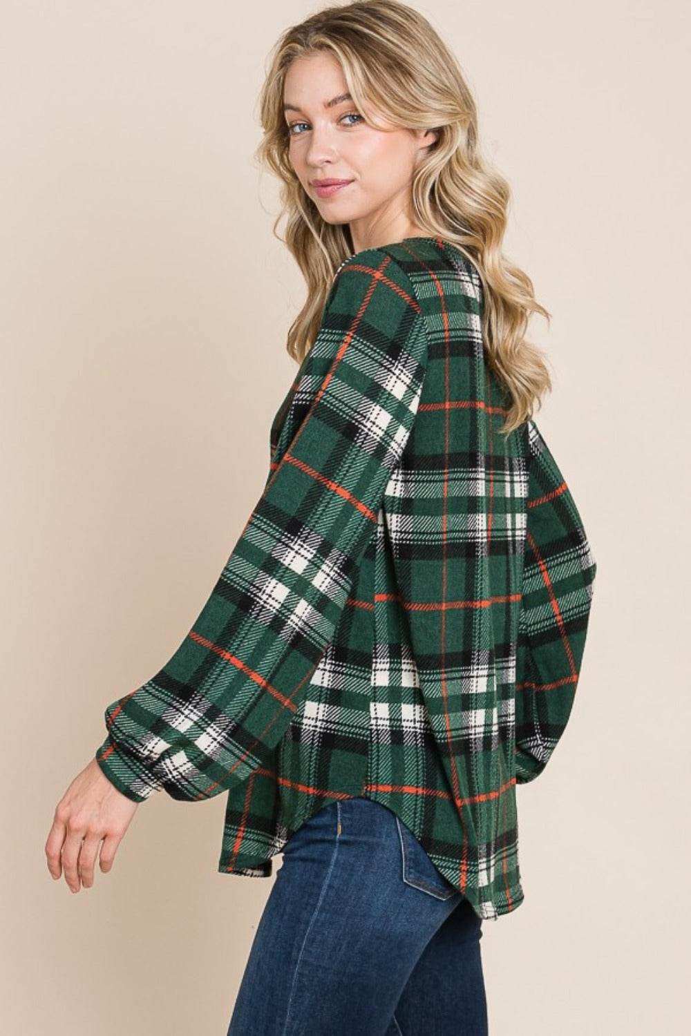 BOMBOM Curved Hem Plaid Round Neck Long Sleeve Top - Delanoir