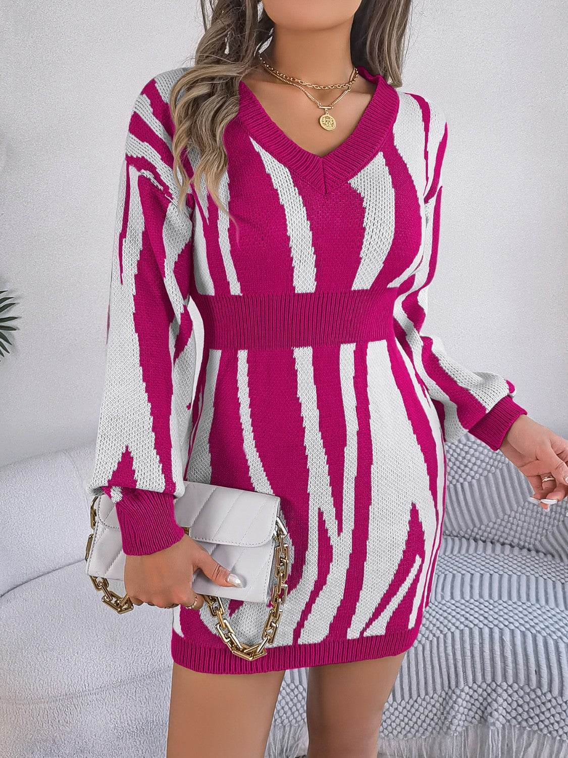Animal Print V-Neck Long Sleeve Sweater Dress - Delanoir
