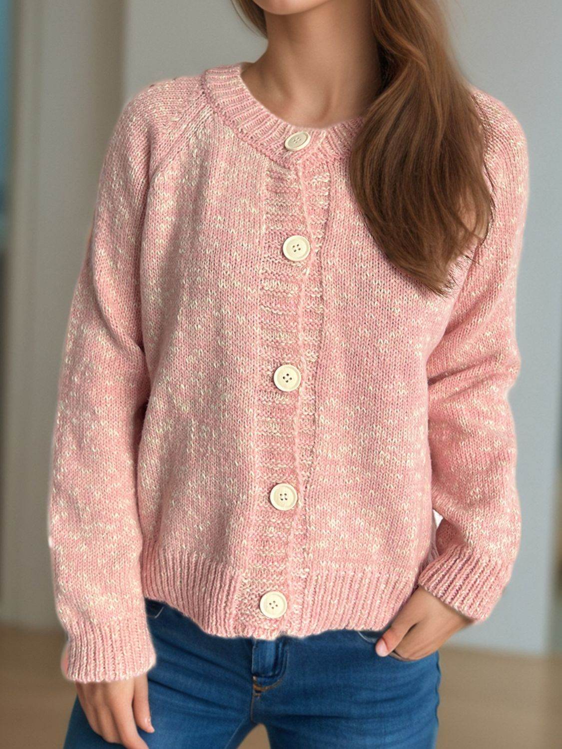 Heathered Button Down Long Sleeve Cardigan - Delanoir