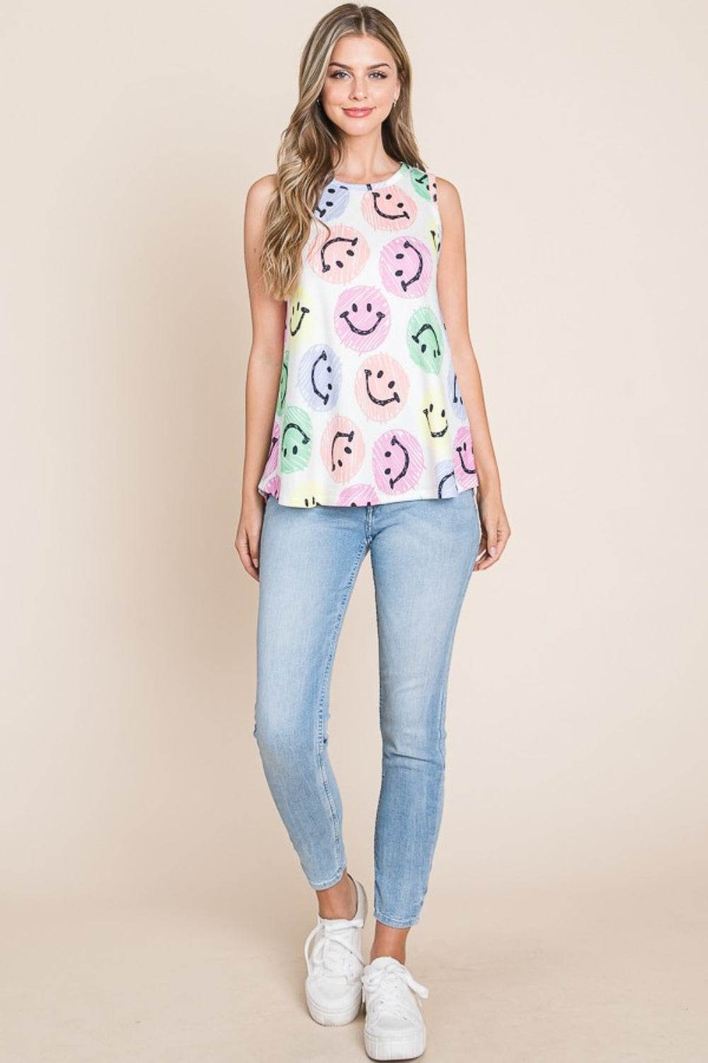 BOMBOM Smiley Face Round Neck Tank - Delanoir