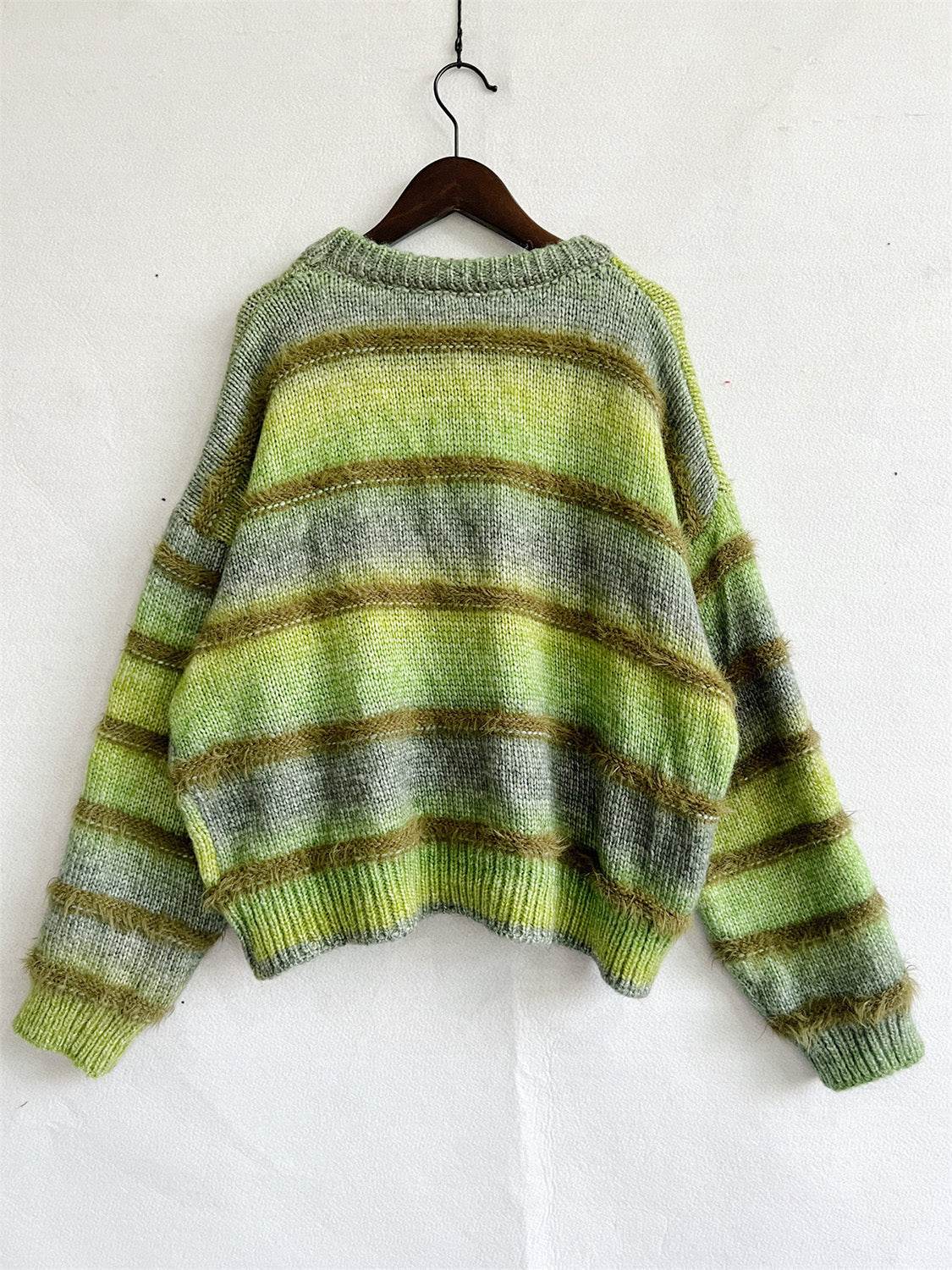 Striped Round Neck Long Sleeve Sweater - Delanoir