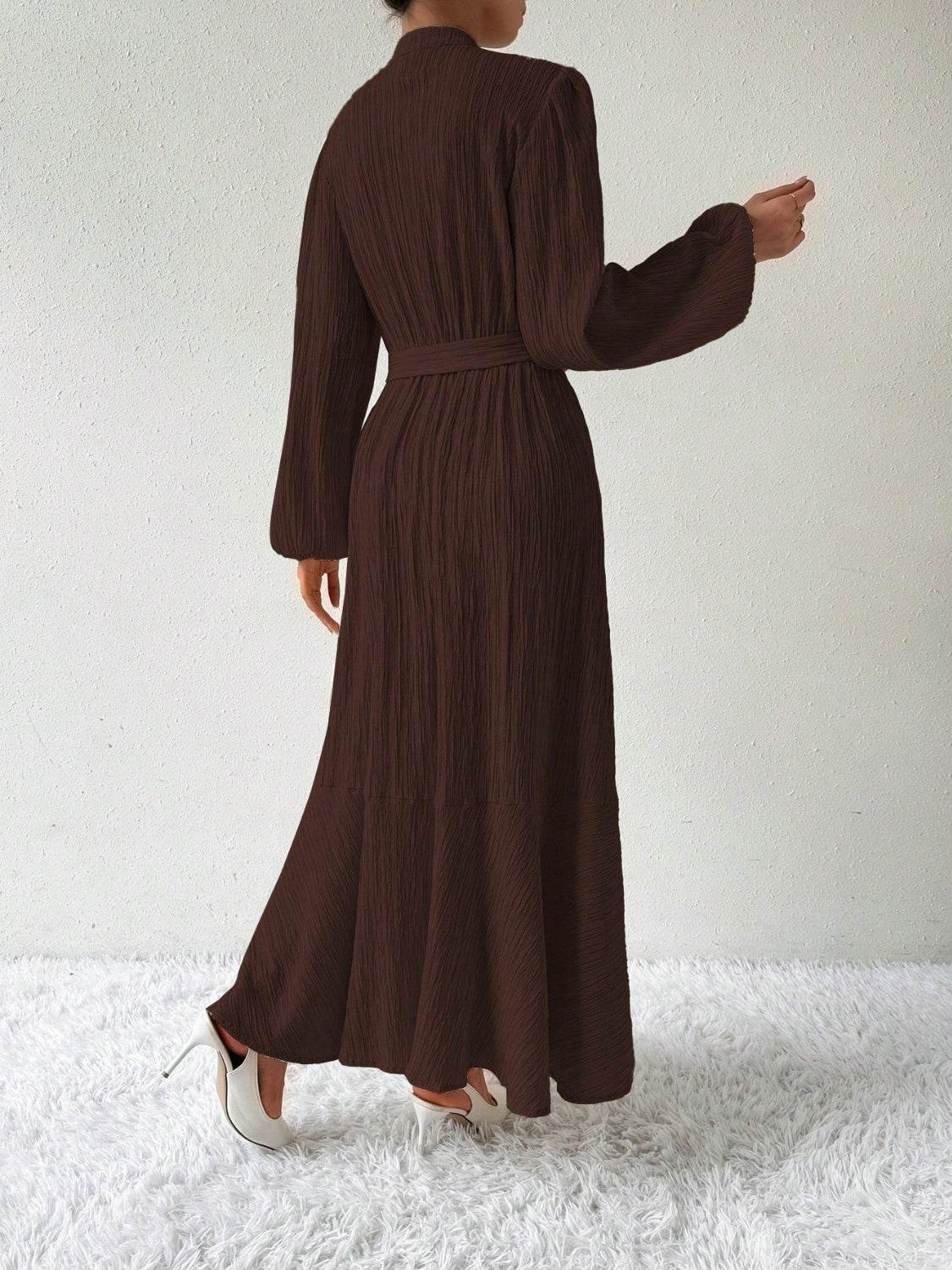 Half Button Tie Waist Long Sleeve Maxi Dress - Delanoir