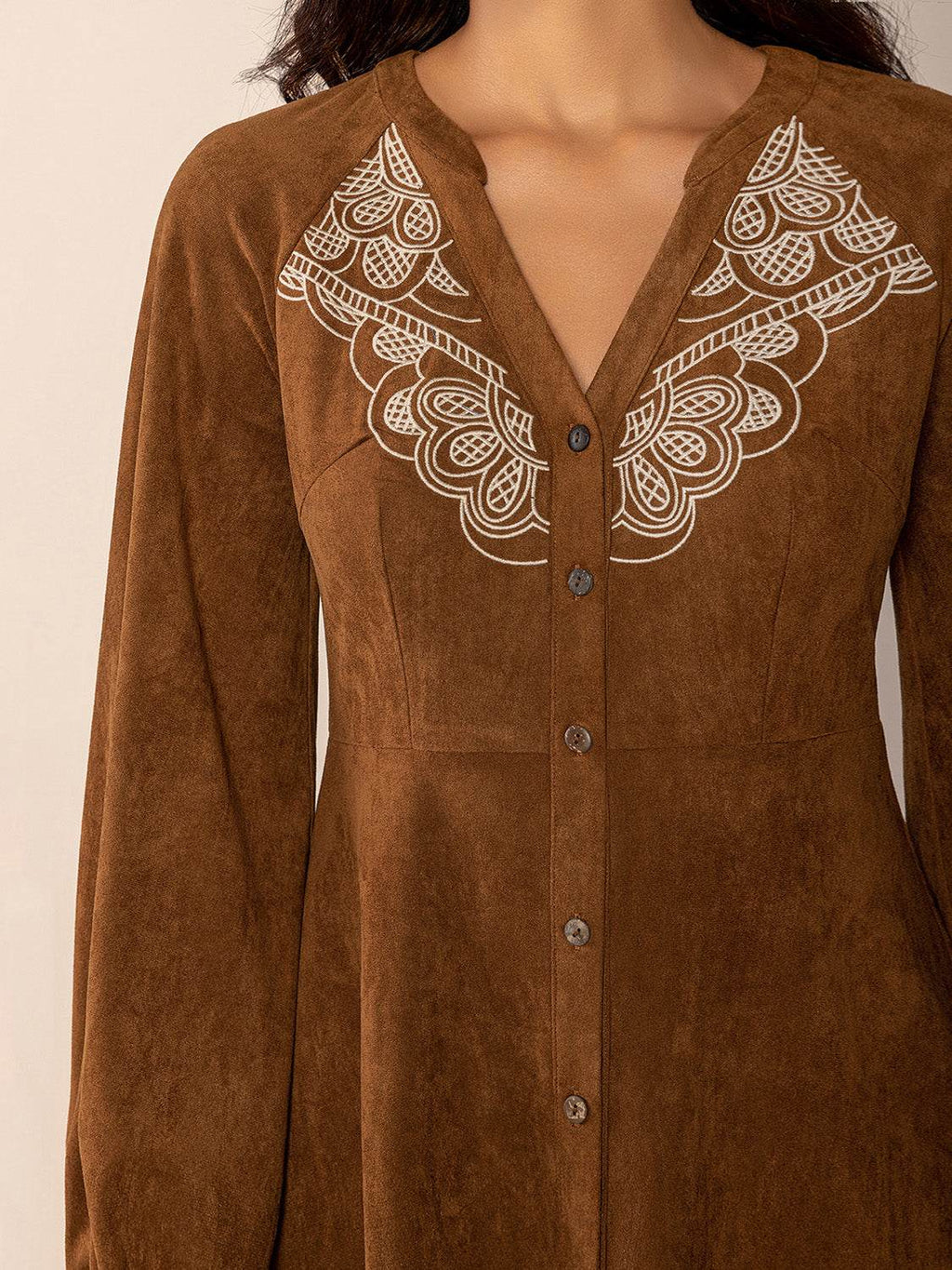Notched Button Down Long Sleeve Mini Dress - Delanoir