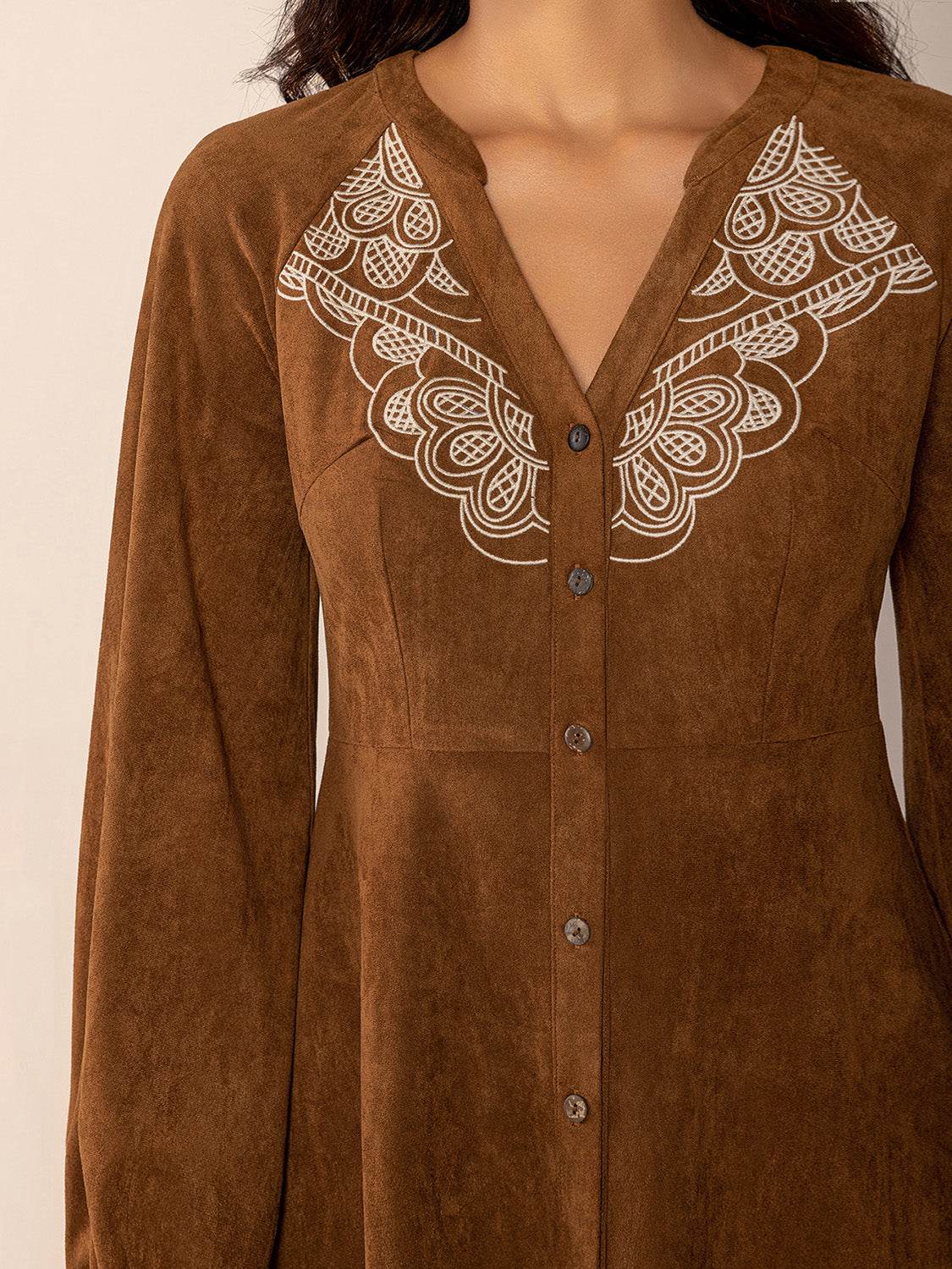 Notched Button Down Long Sleeve Mini Dress - Delanoir