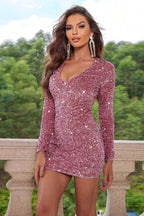 Sequin V-Neck Long Sleeve Mini Dress - Delanoir