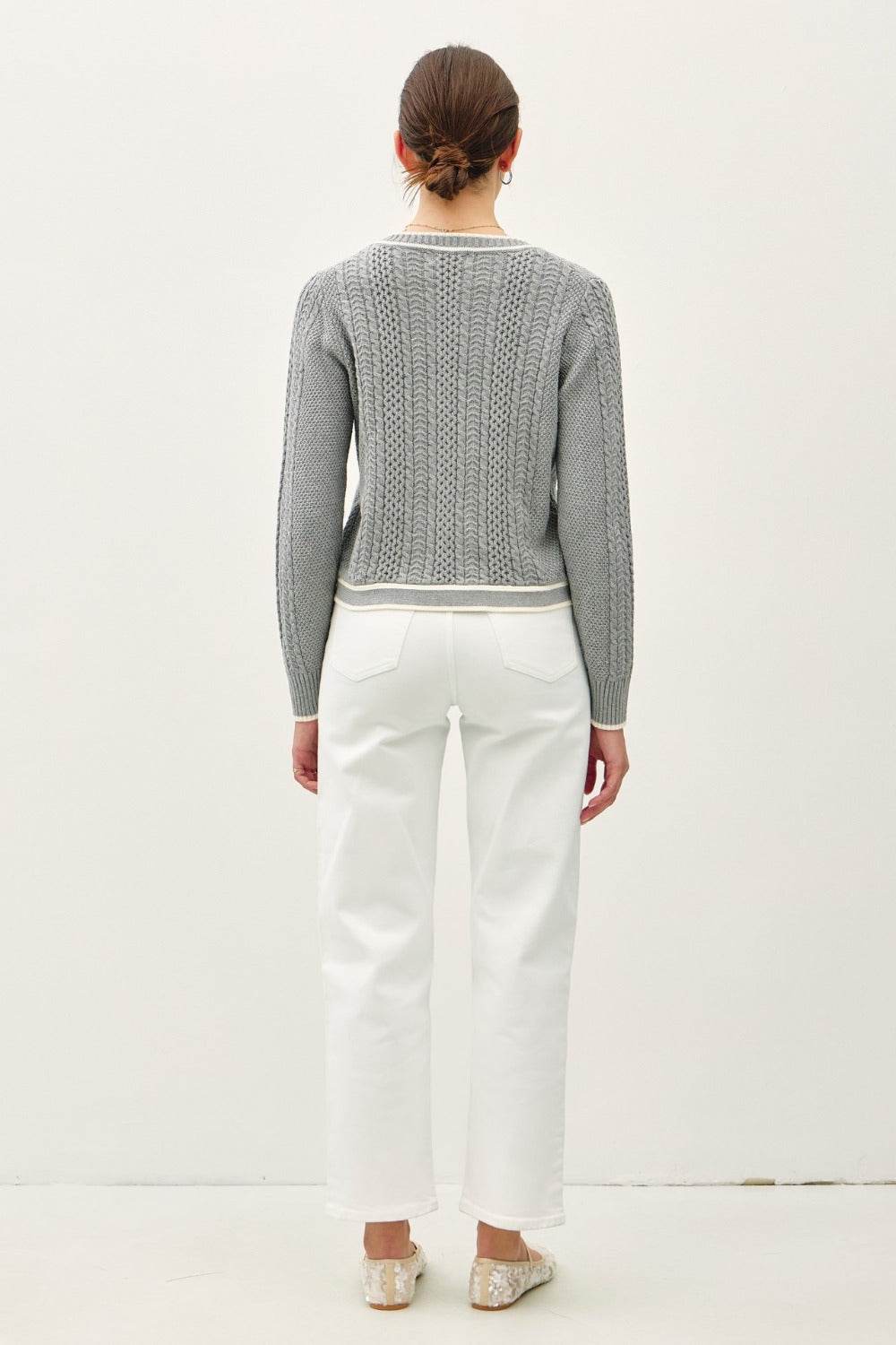 Be Cool Cable Knit Long Sleeve Contrast Edge Cardigan - Delanoir