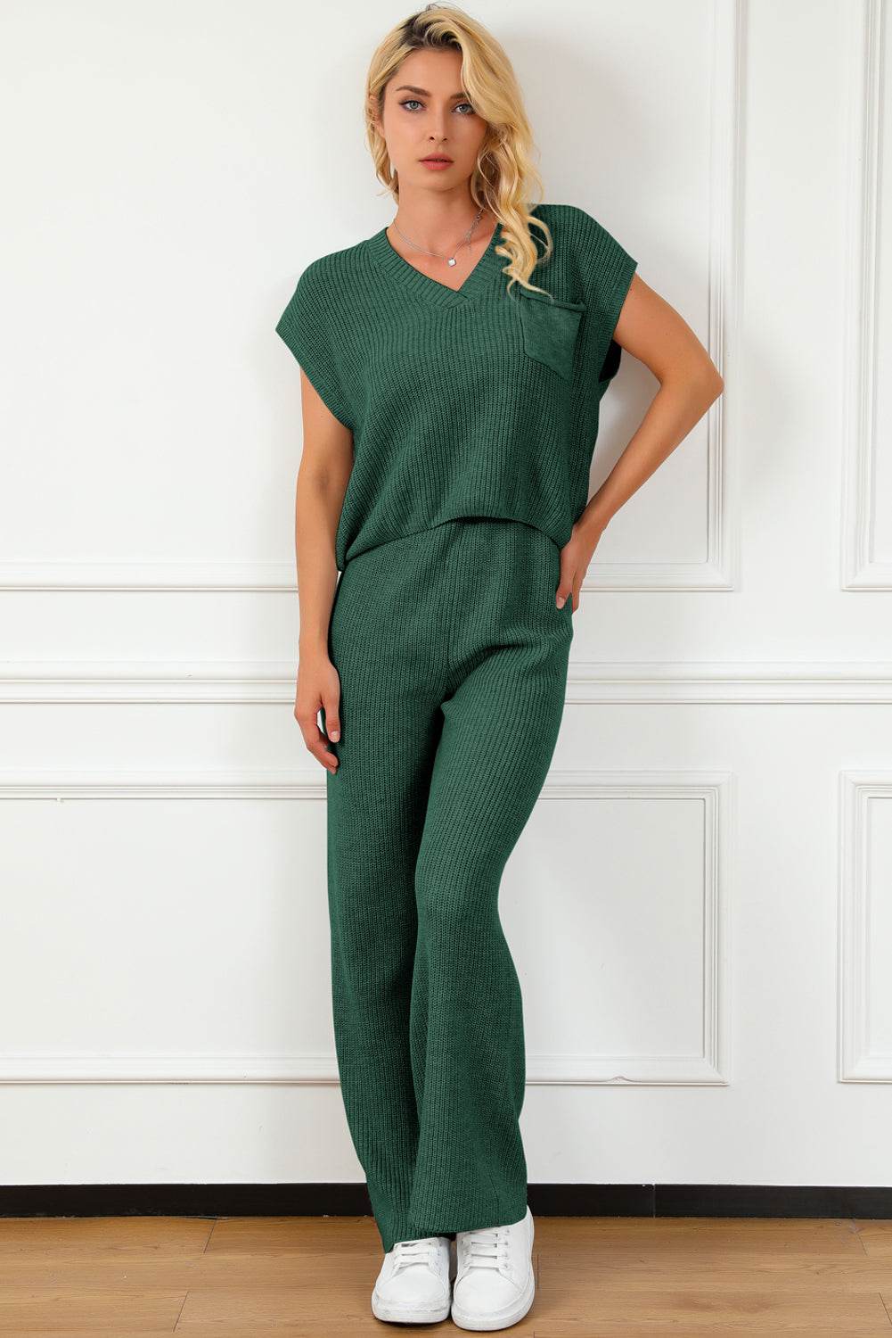 Pocketed V-Neck Top and Wide Leg Sweater Set - Delanoir