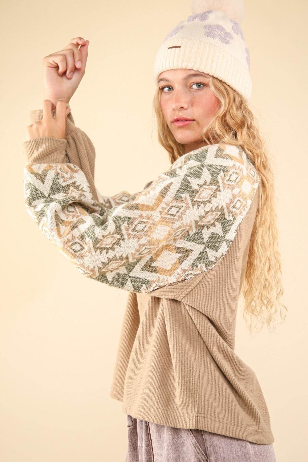 VERY J Printed Long Sleeve Round Neck Knit Top - Delanoir