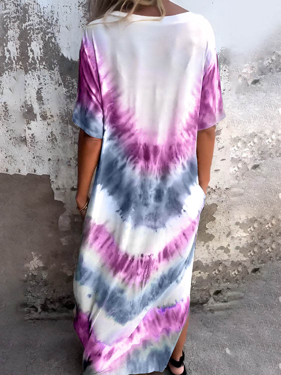Full Size Pocketed Tie-Dye Short Sleeve Dress - Delanoir