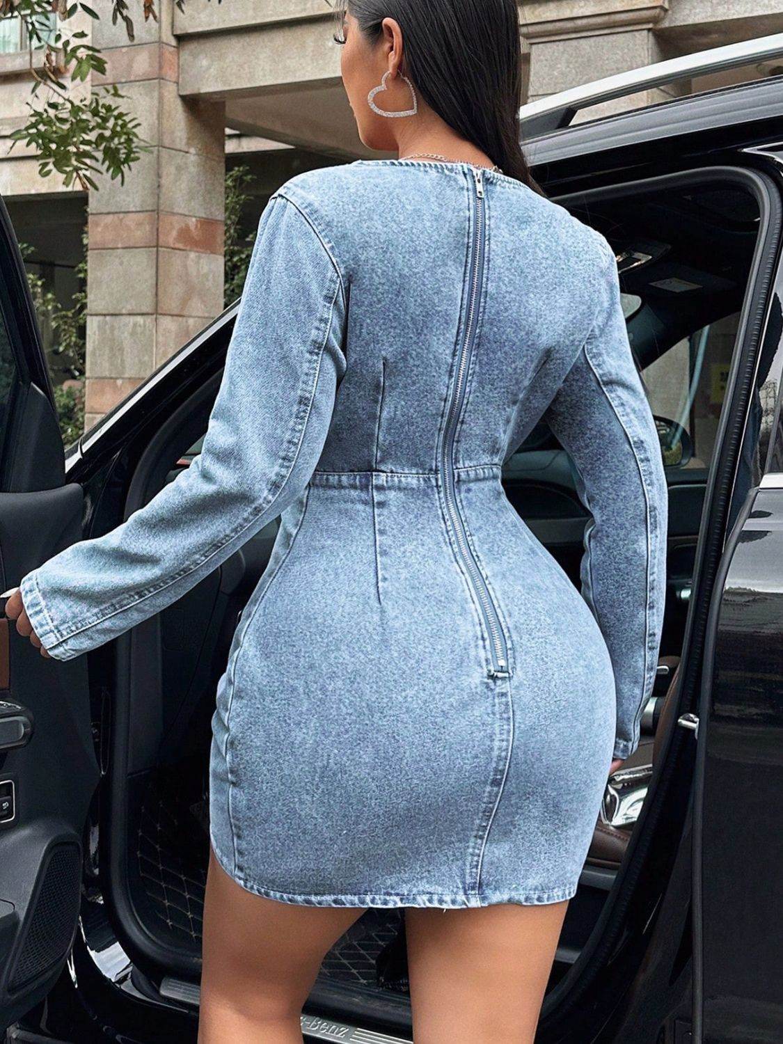 Surplice Long Sleeve Denim Dress - Delanoir