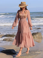 Embroidered Polka Dot Tie Neck Long Sleeve Midi Dress - Delanoir