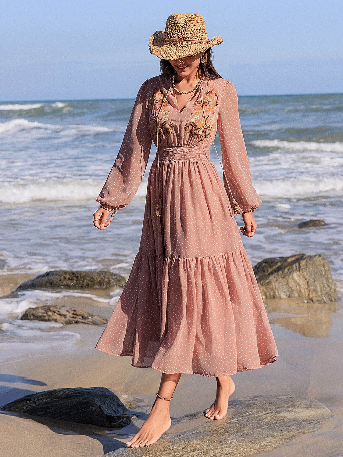 Embroidered Polka Dot Tie Neck Long Sleeve Midi Dress - Delanoir
