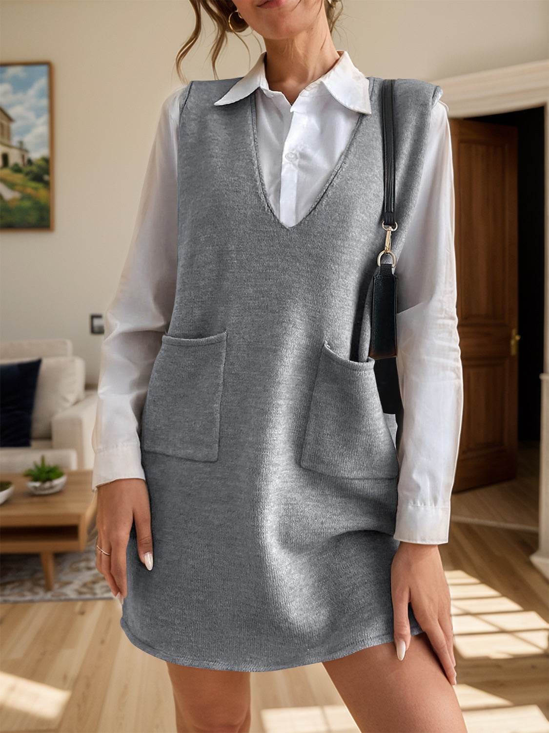 V-Neck Sleeveless Sweater Dress with Pockets - Delanoir