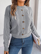 Cable-Knit Buttoned Round Neck Sweater - Delanoir
