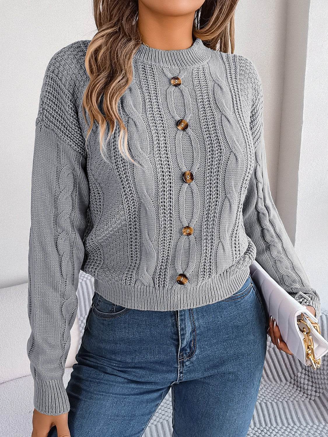 Cable-Knit Buttoned Round Neck Sweater - Delanoir