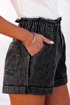 Paperbag Waist Denim Shorts with Pockets - Delanoir