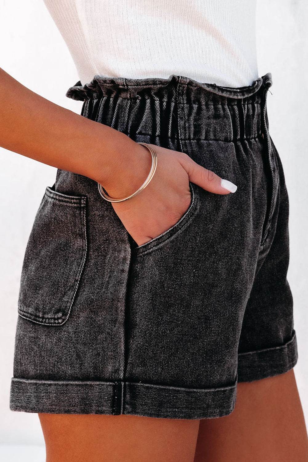 Paperbag Waist Denim Shorts with Pockets - Delanoir